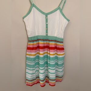 Emmelee sleeveless mini dress vibrant striped hem V neck light green trim SZ Med